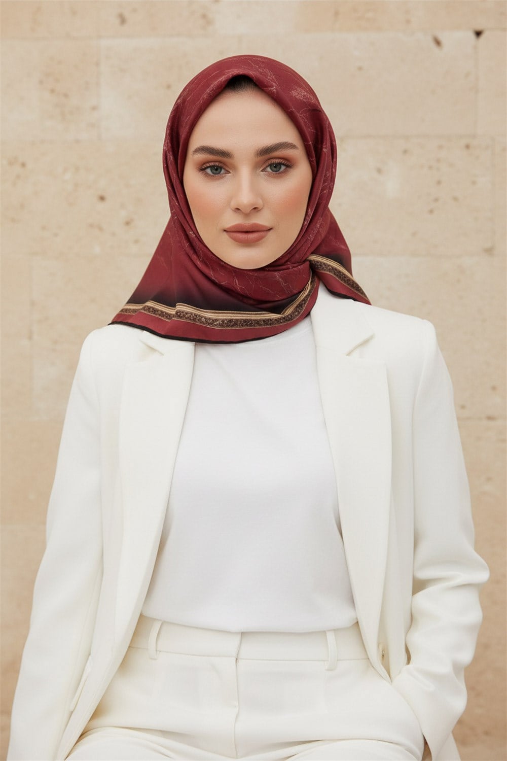 %100 Twill İpek Mermer Desenli Bordo Renkli 90x90 Eşarp Dikim Şekli : El Dikişi