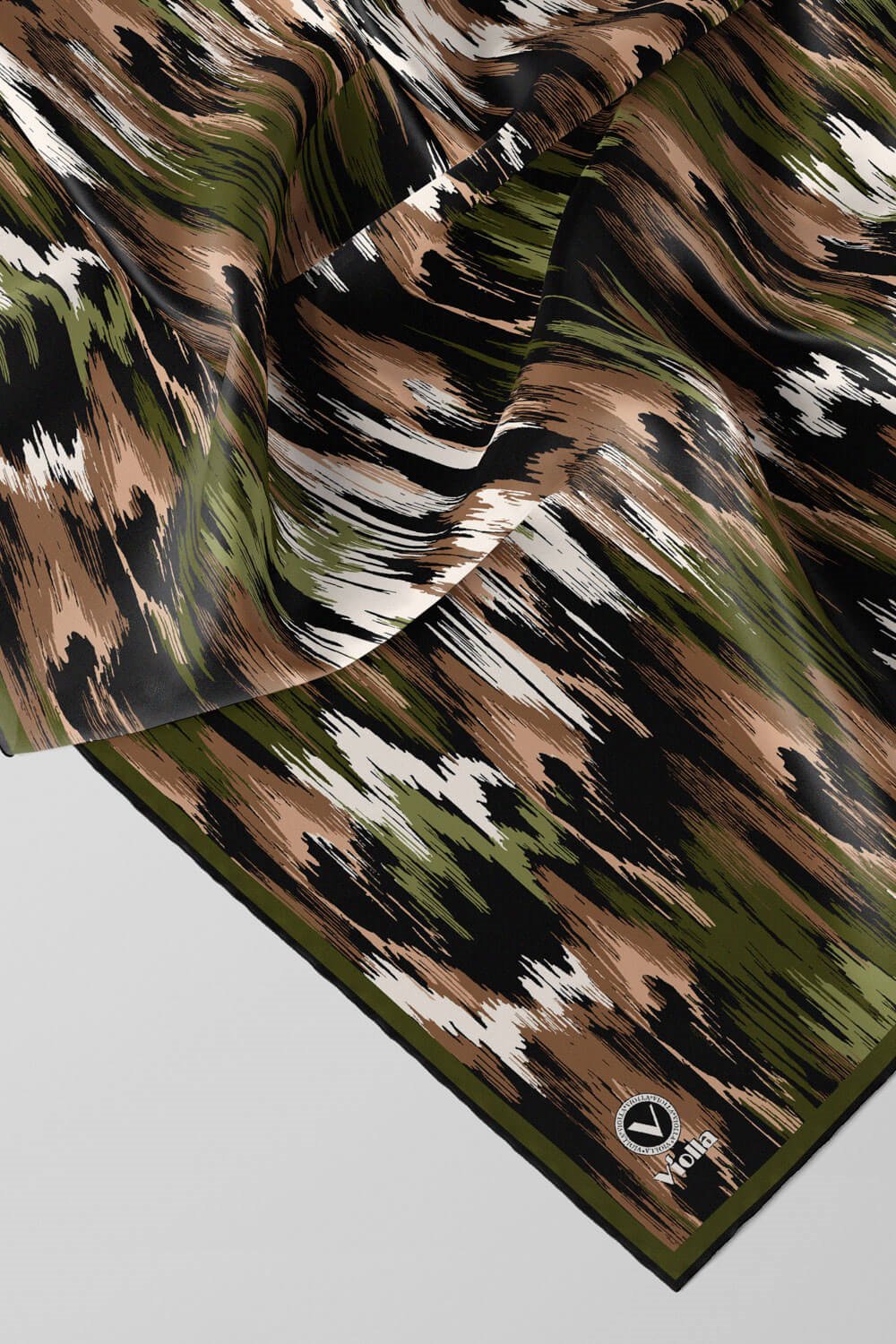 Twill Fırça Desenli Haki Renkli 90x90 Eşarp (İpek İçermez) Kenar Dikiş Şekli El Dikişli