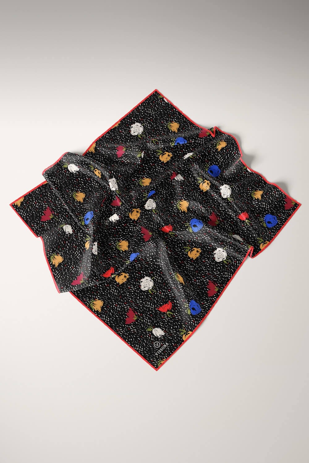 %100 Twill İpek Çıtır Çiçek Desenli Kırmızı - Saks Renkli 90x90 Eşarp Dikim Şekli : El Dikişi