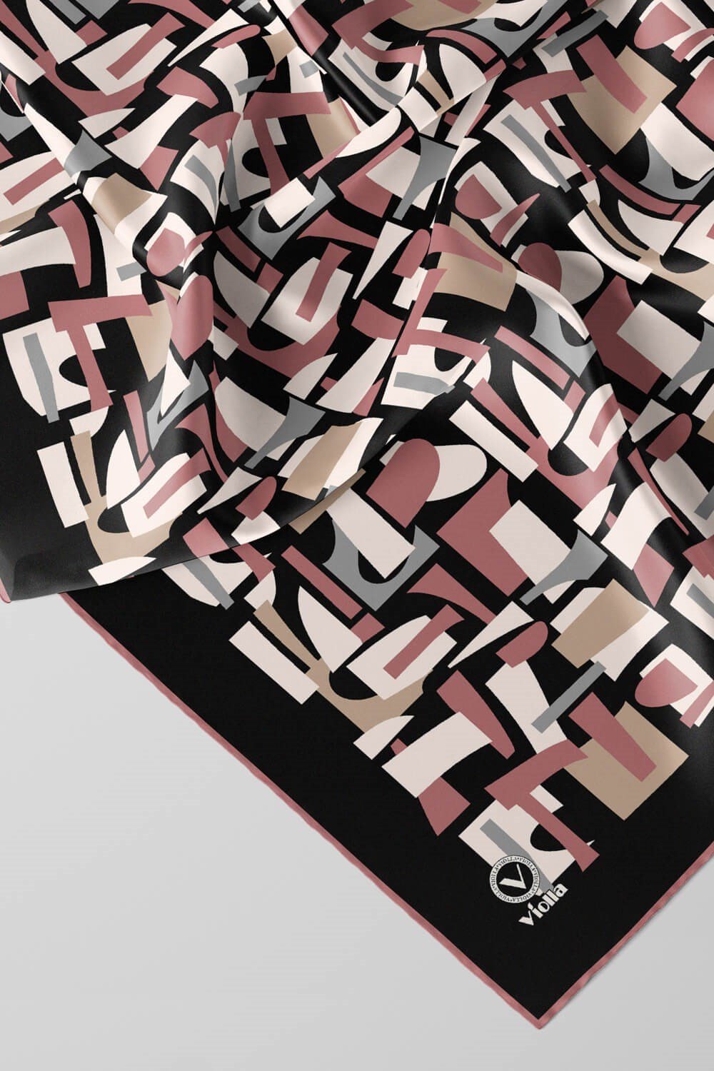 Twill Geometrik Desenli Pudra - Gri Renkli 90x90 Eşarp (İpek İçermez) Dikim Şekli : El Dikişi