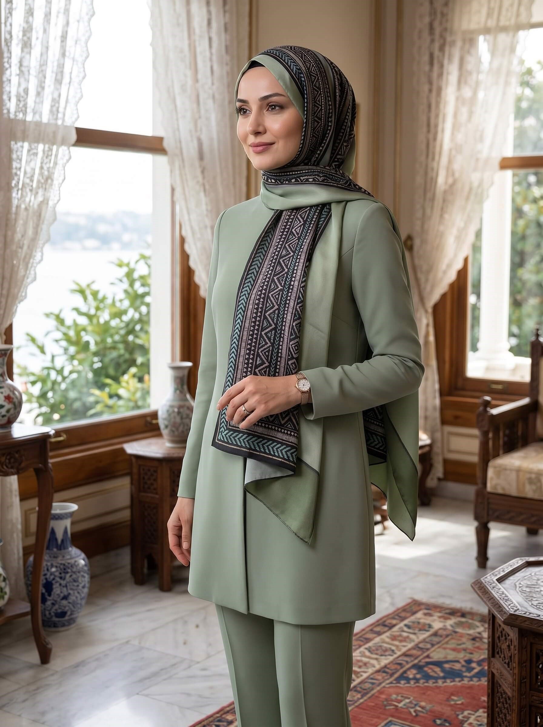 %100 Saf İpek Şal İnce Saten Vual Dokuma Etnik Desenli Haki Yeşili Renkli 90x210 Şal