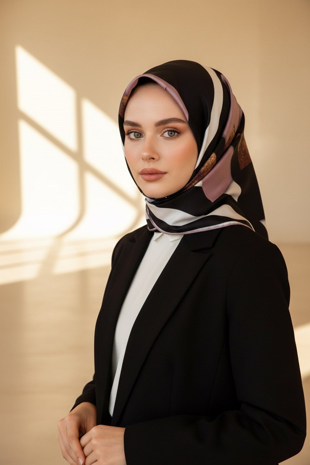 %100 Twill İpek Karo Desenli Pudra - Siyah Renkli 90x90 Eşarp Dikim Şekli : El Dikişi