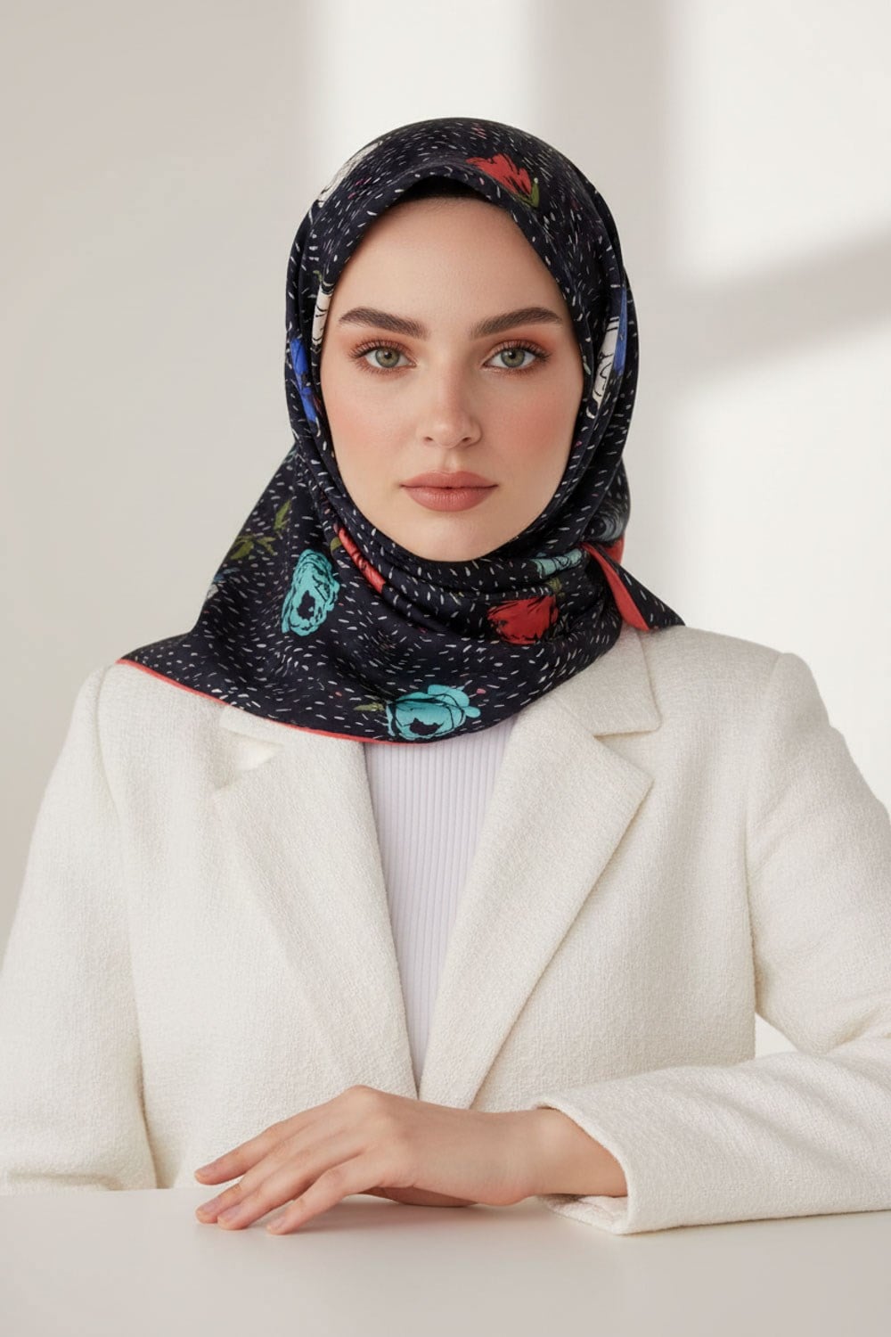 %100 Twill İpek Çıtır Çiçek Desenli Lacivert - Saks Renkli 90x90 Eşarp Dikim Şekli : El Dikişi