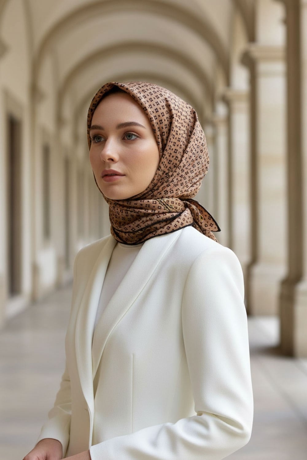%100 Twill İpek Zincir Desenli Bakır - Siyah Renkli 90x90 Eşarp Dikim Şekli : El Dikişi