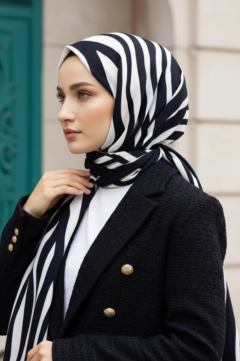 Krep Şal 75x190 Zebra Desenli Siyah Beyaz Kırışmaz Kadın Şal