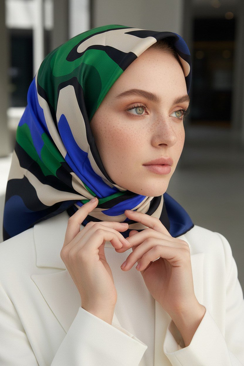 % 57 İPEK % 43 VİSKON Twill İpek Dalga Desenli Saks - Zümrüt Yeşili Renkli 90x90 Dikim Şekli : El Dikişi Eşarp