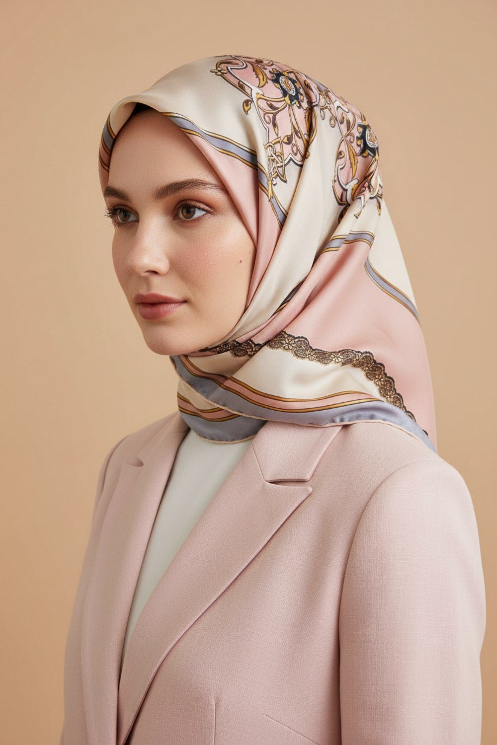 %100 Twill Barok Desenli Pudra - Gri Renkli 90x90 Eşarp Dikim Şekli: El Dikişi