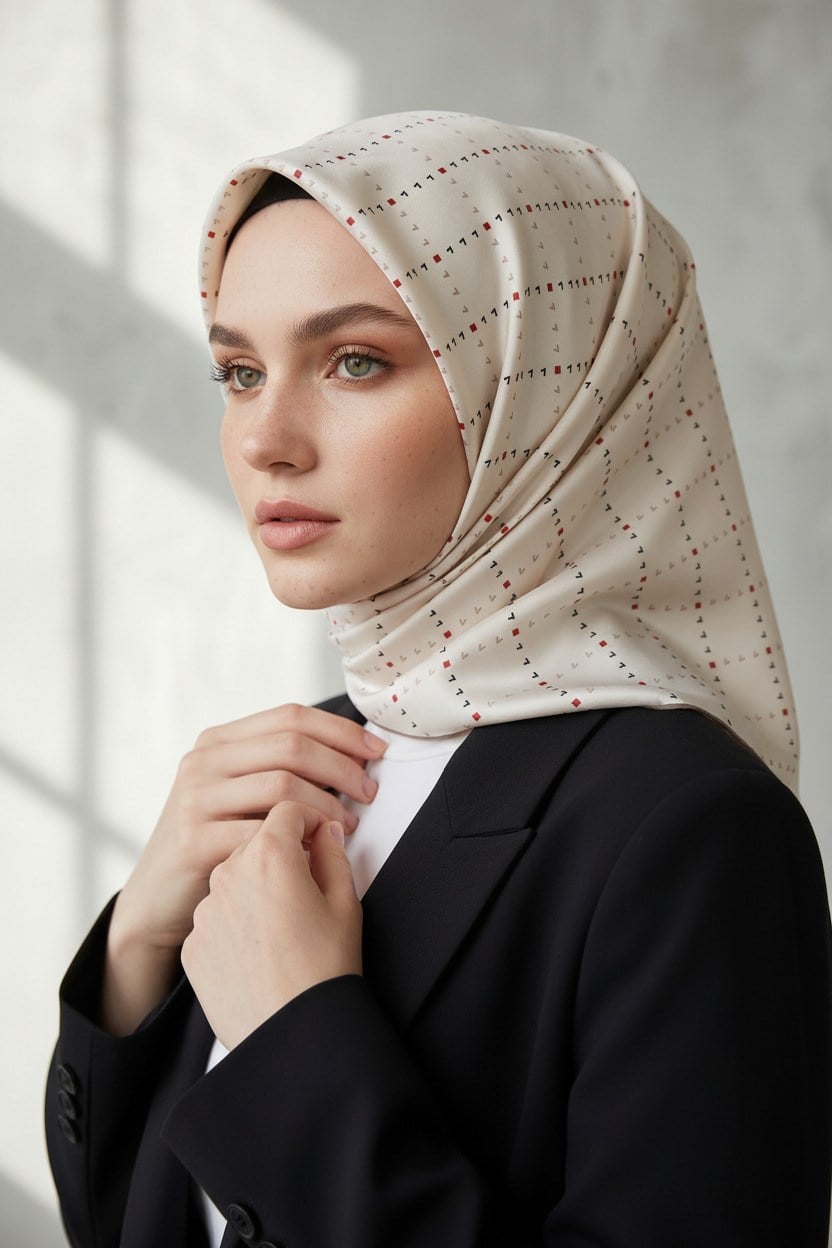 %100 Twill İpek Minik V Desenli Beyaz Renkli 90x90 Eşarp Dikim Şekli : El Dikişi