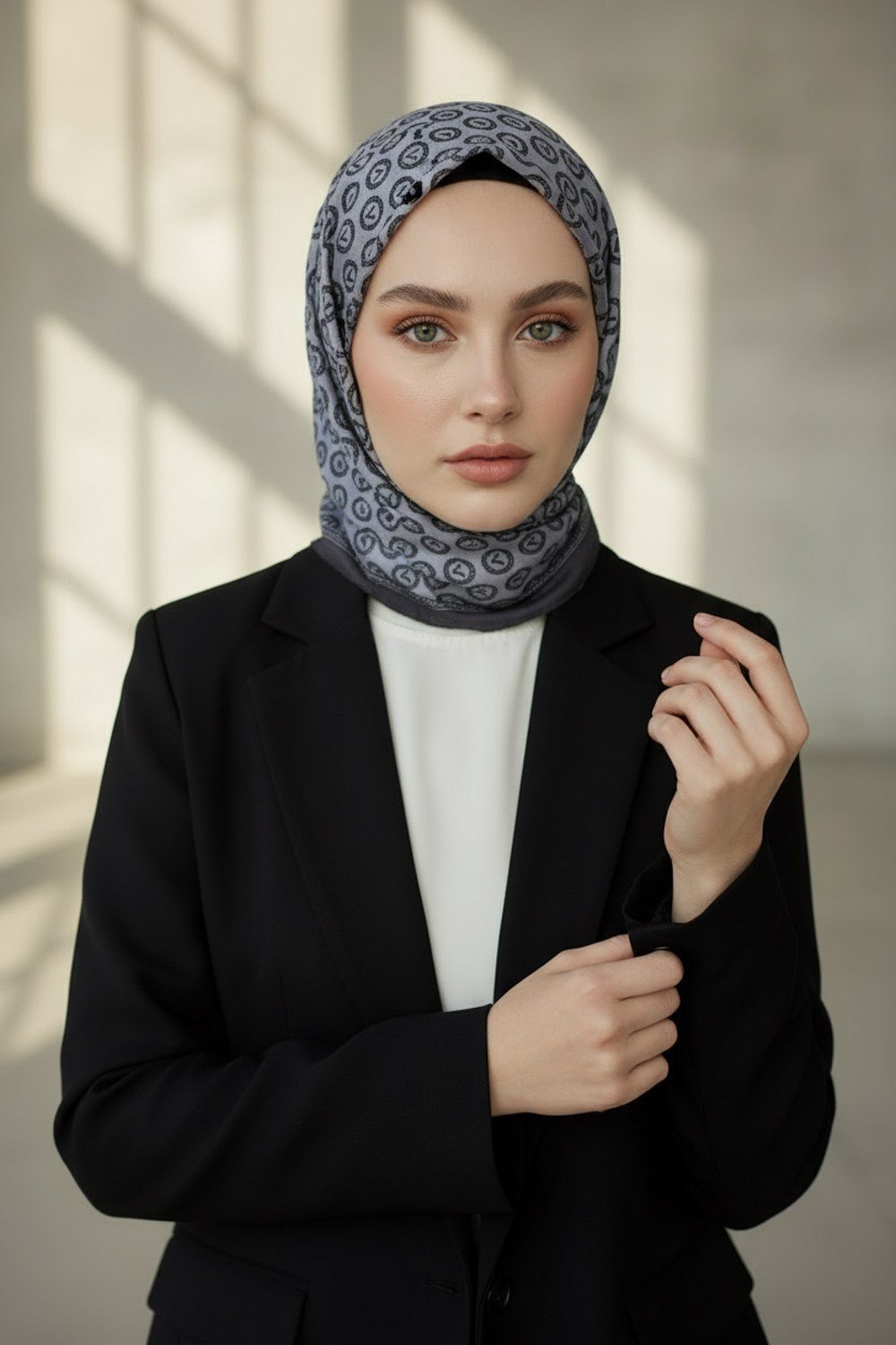 KREP MONOGRAM DESENLİ GRİ RENKLİ 75X195 KIRIŞMAZ ŞAL