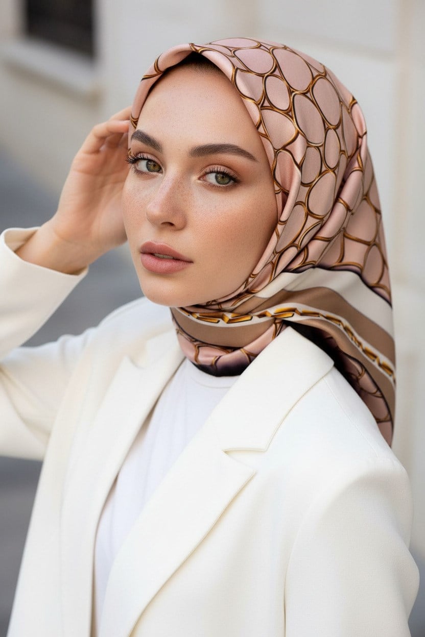 %100 Twill İpek Zincir Desenli Pudra - Bej Renkli 90x90 Eşarp Kenar Dikiş Şekli El Dikişli