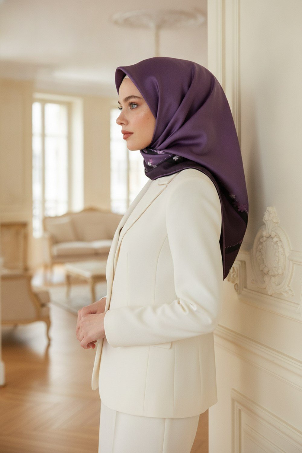 %100 Twill İpek Kenar Motifi Çiçek Desenli Mürdüm - Siyah Renkli 90x90 Eşarp Dikim Şekli : El Dikişi