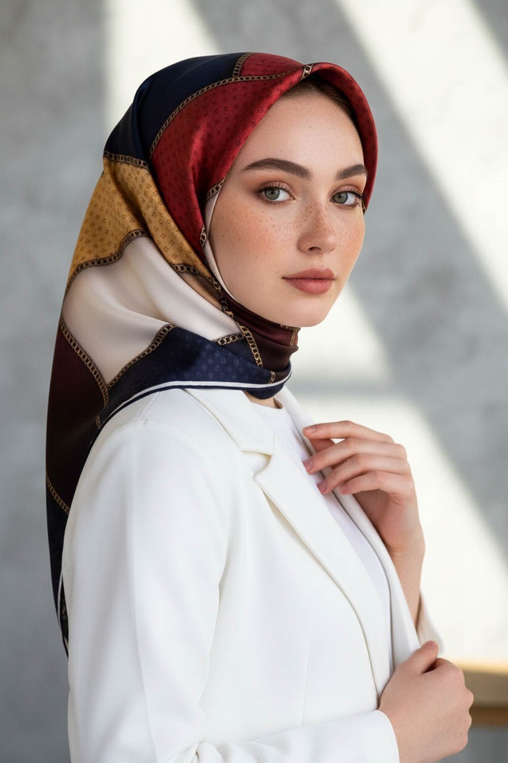 %100 Twill İpek Eşarp 90x90 Geometrik Kare Desenli El Dikişli Kadın Eşarp