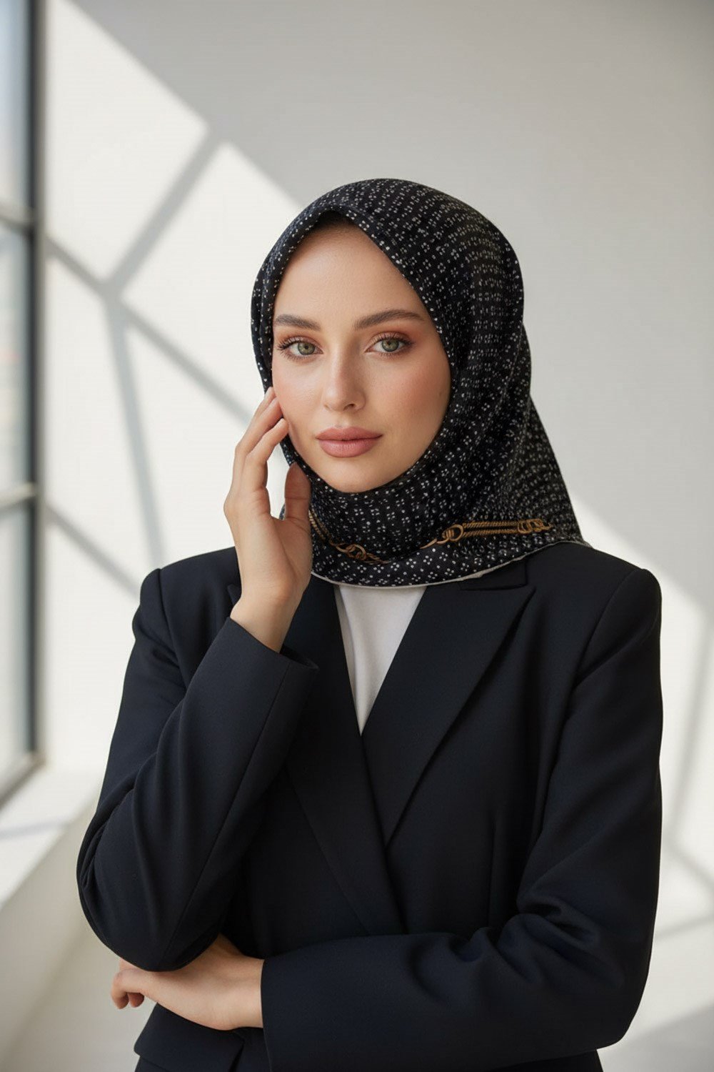%100 Twill İpek Zincir Desenli Siyah - Krem Renkli 90x90 Eşarp Dikim Şekli : El Dikişi