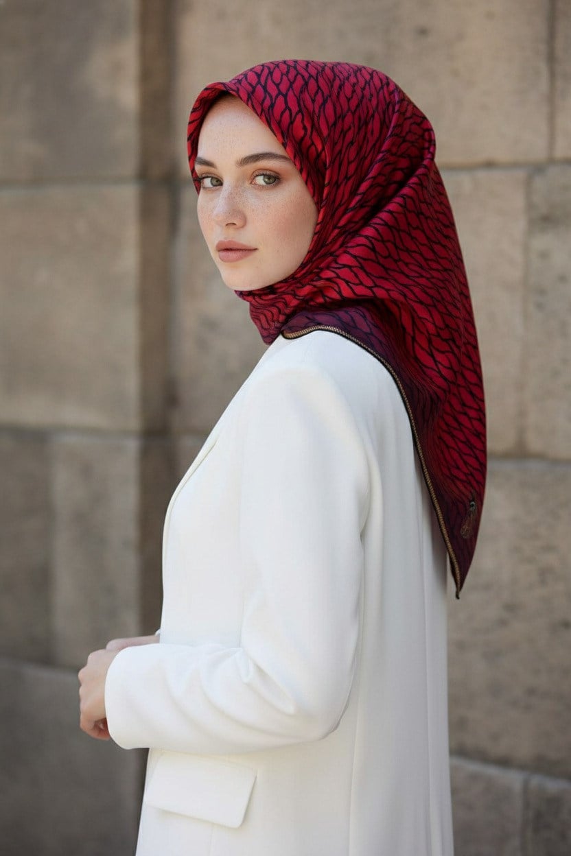 %100 Twill İpek File Desenli Kırmızı - Siyah Renkli 90x90 Eşarp Dikim Şekli : El Dikişi