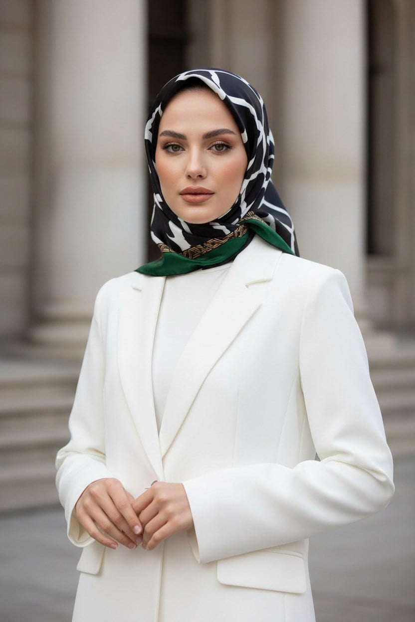 %100 Twill Taş Desenli Siyah - Zümrüt Yeşilli Renkli 90x90 Eşarp Dikim Şekli: El Dikişi