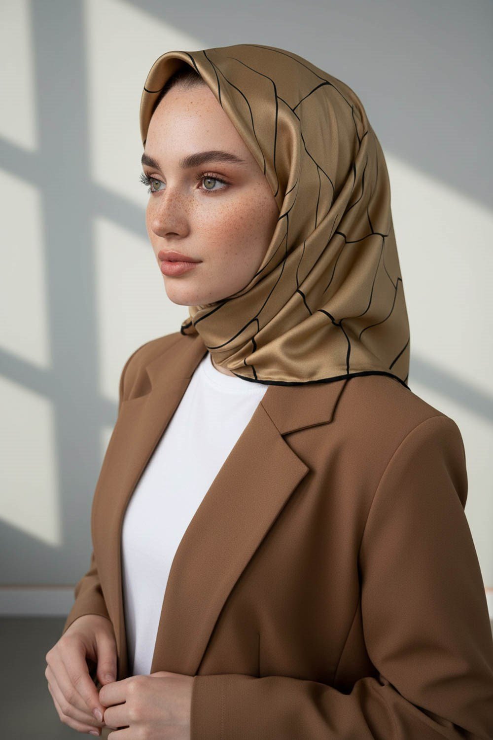 %100 Twill İpek Çizgi Desenli Bej - Siyah Renkli 90x90 Eşarp Dikim Şekli : El Dikişi
