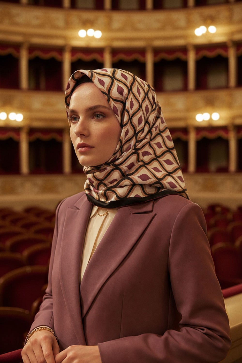 %100 Twill İpek Etnik Desenli Gül Kurusu Renkli 90x90 Eşarp Dikim Şekli : El Dikişi