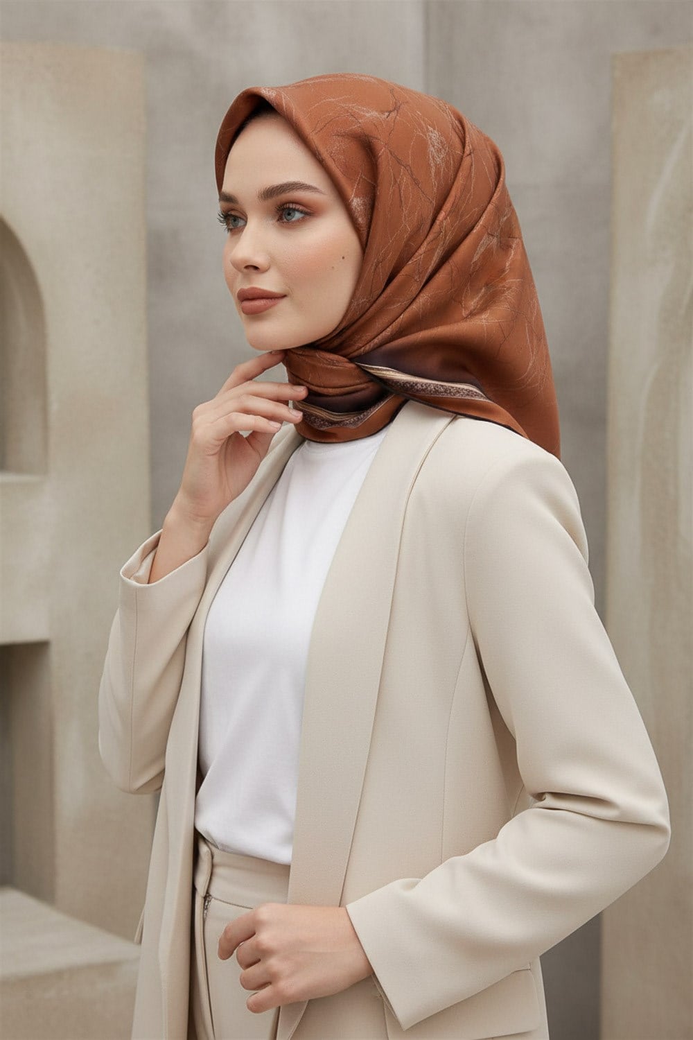 %100 Twill İpek Mermer Desenli Taba Renkli 90x90 Eşarp Dikim Şekli : El Dikişi