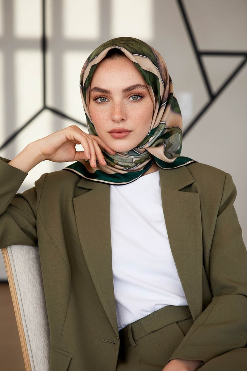 %100 Twill İpek Mermer Efektrli Geometrik Desenli Haki - Bej Renkli 90x90 Eşarp Dikim Şekli : El Dikişi