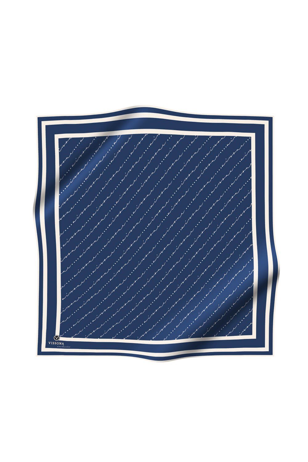 %100 Twill İpek El Yazısı Vissona Desenli İndigo Renkli Daha Tok Exclusive Serisi 90x90 Eşarp Kenar Dikiş Şekli : El Dikişi