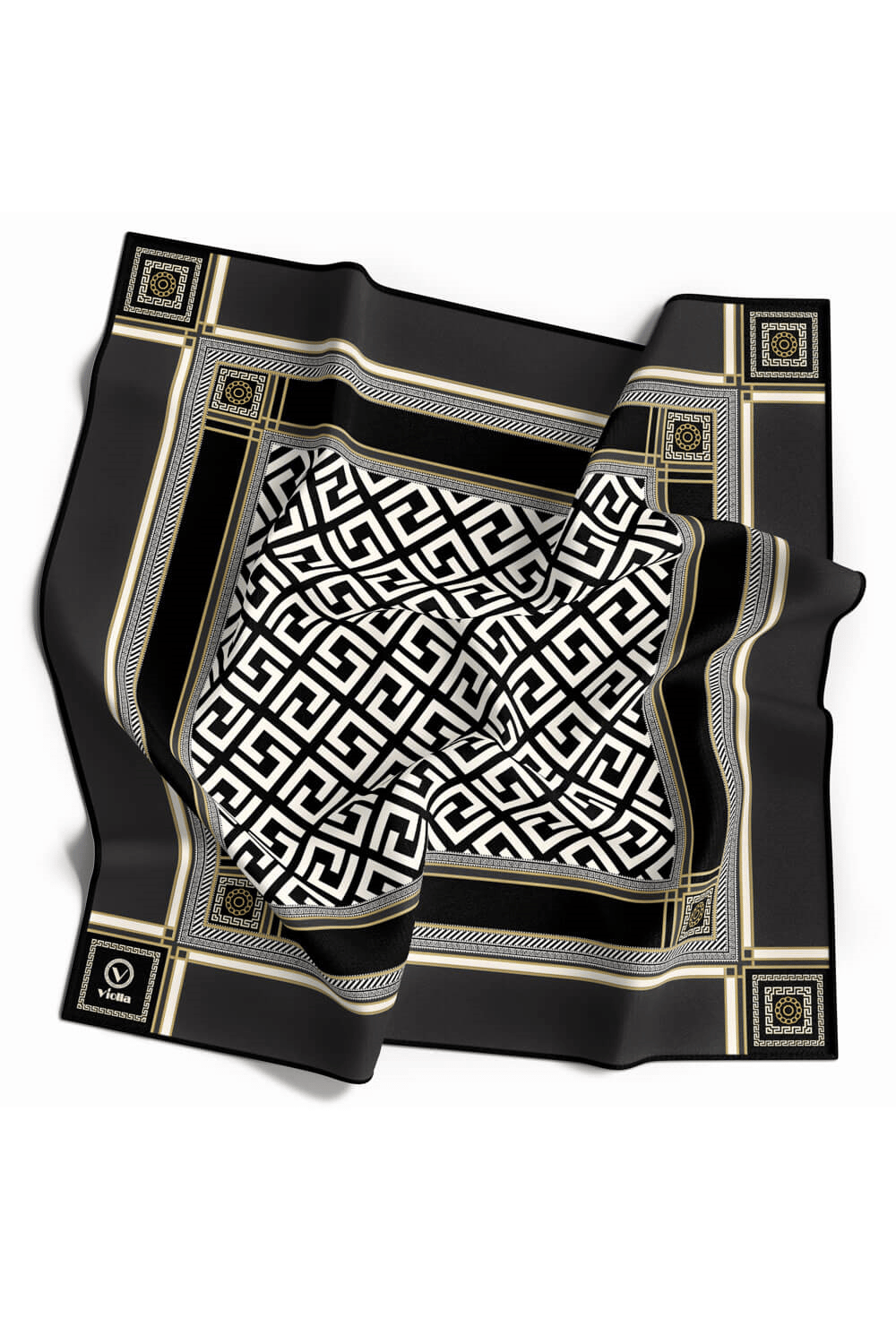 Twill Antik Desenli Füme Renkli 90x90 Eşarp (İpek İçermez) Kenar Dikiş Şekli El Dikişli
