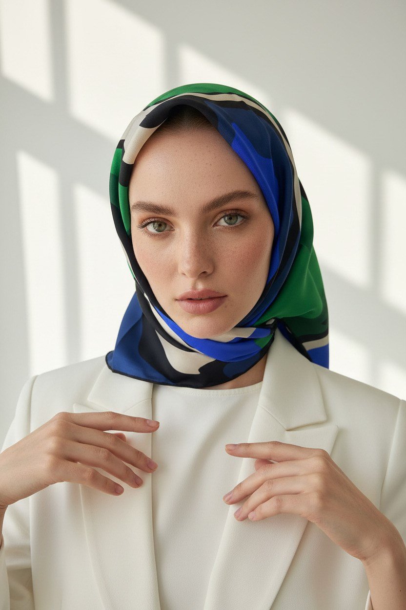 % 57 İPEK % 43 VİSKON Twill İpek Dalga Desenli Saks - Zümrüt Yeşili Renkli 90x90 Dikim Şekli : El Dikişi Eşarp