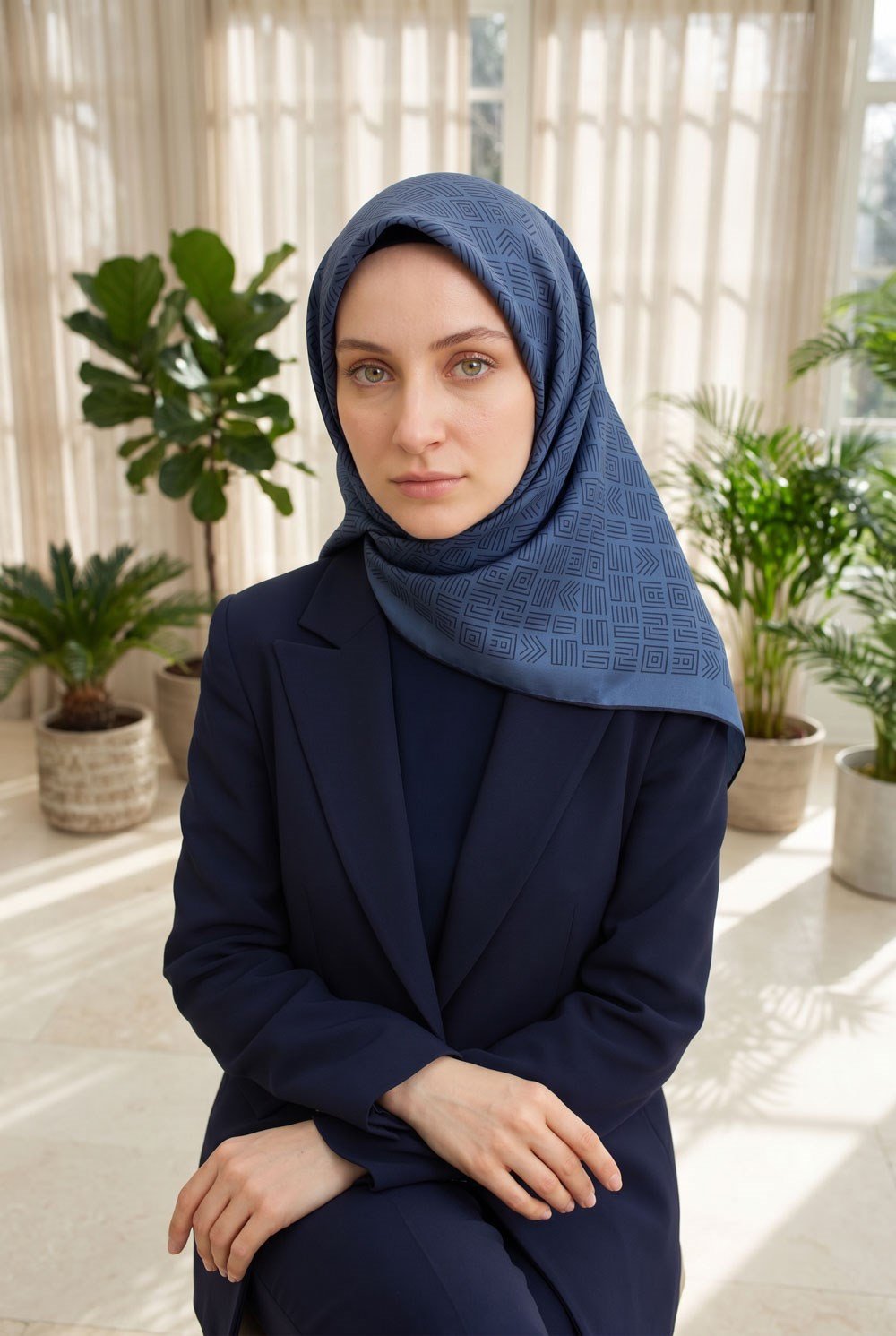 %57 İPEK %43 VİSKON Twill İpek Etnik Motif Desenli İndigo - Lacivert Renkli 90x90 Eşarp Dikim Şekli : El Dikişi