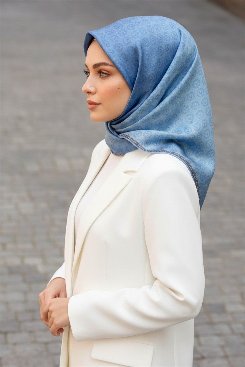 % 57 İPEK % 43 VİSKON Twill İpek Monogram Desenli Bebe Mavisi Renkli 90x90 Eşarp Dikim Şekli : El Dikişi