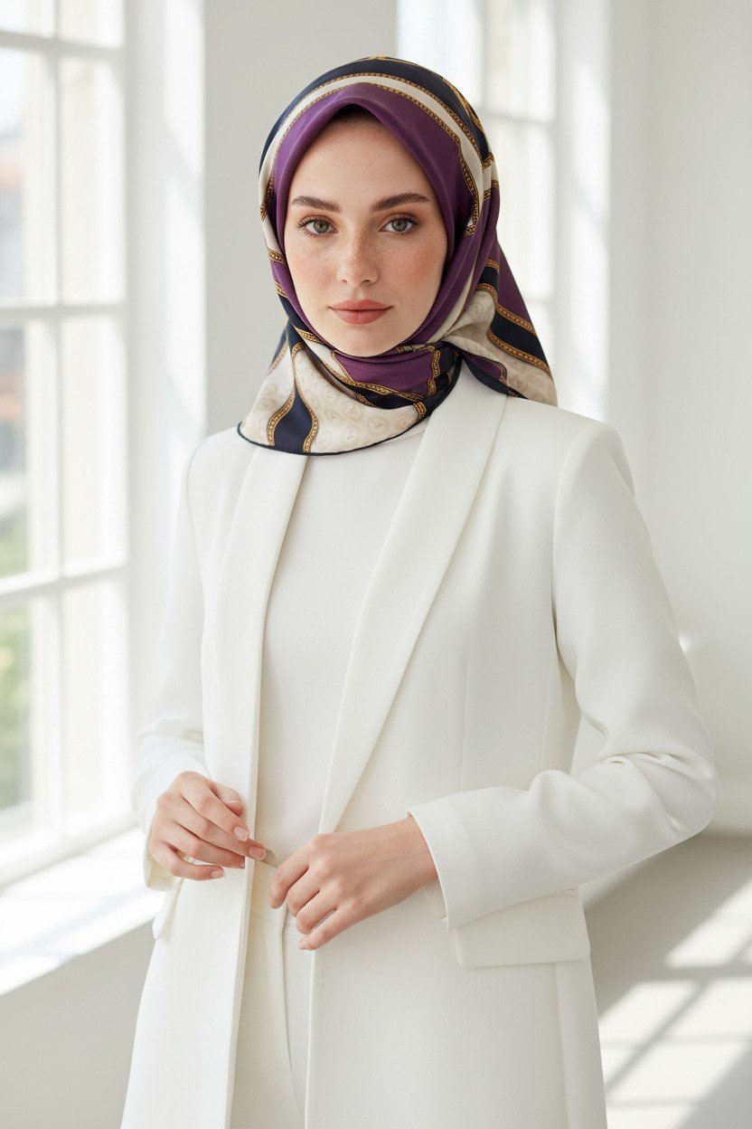 %100 Twill İpek Monogram ve Barok Desenli Lila - Lacivert Renkli 90x90 Eşarp Dikim Şekli : El Dikişi
