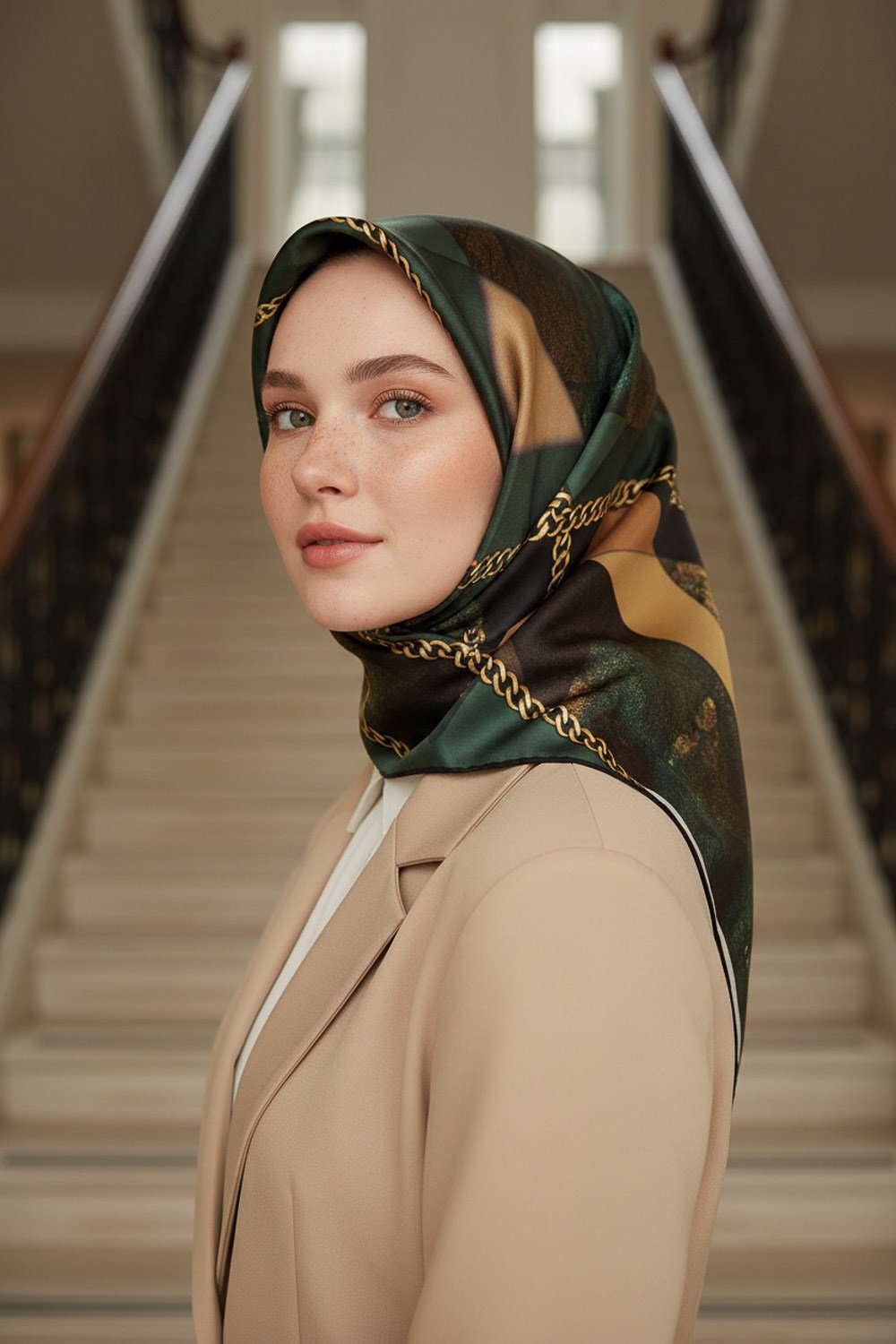 %100 Twill İpek Taş Efekti Desenli Zümrüt - Siyah Renkli 90x90 Eşarp Dikim Şekli : El Dikişi
