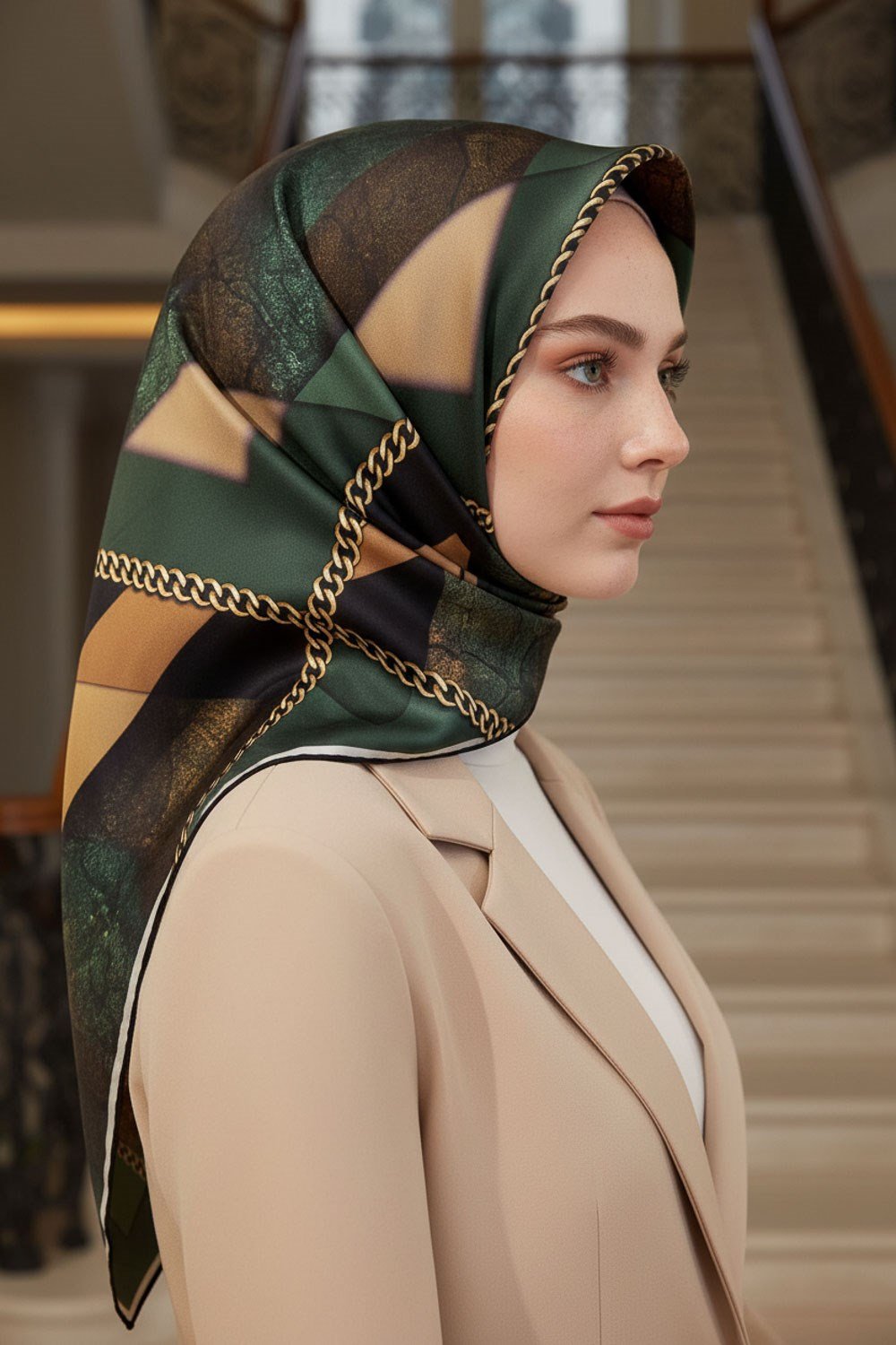 %100 Twill İpek Taş Efekti Desenli Zümrüt - Siyah Renkli 90x90 Eşarp Dikim Şekli : El Dikişi