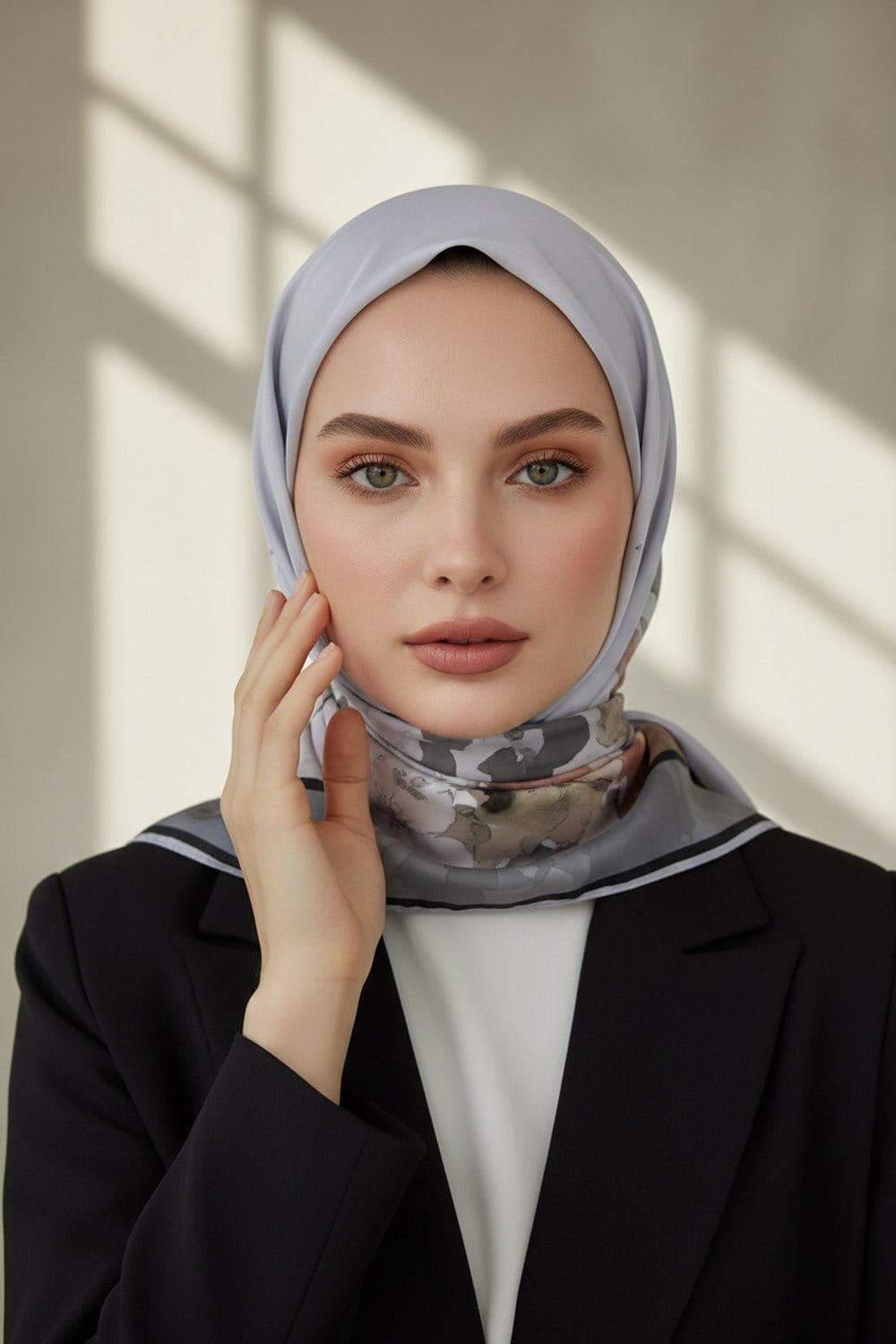 KREP ÇİÇEK DESENLİ GRİ - SOMON RENKLİ 75X195 KIRIŞMAZ ŞAL