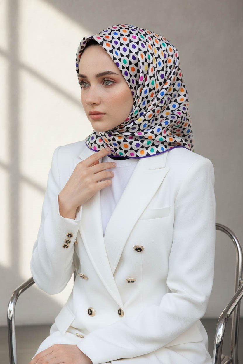 %100 Twill İpek Nokta Desenli Krem - Mor Renkli 90x90 Eşarp Dikim Şekli : El Dikişi