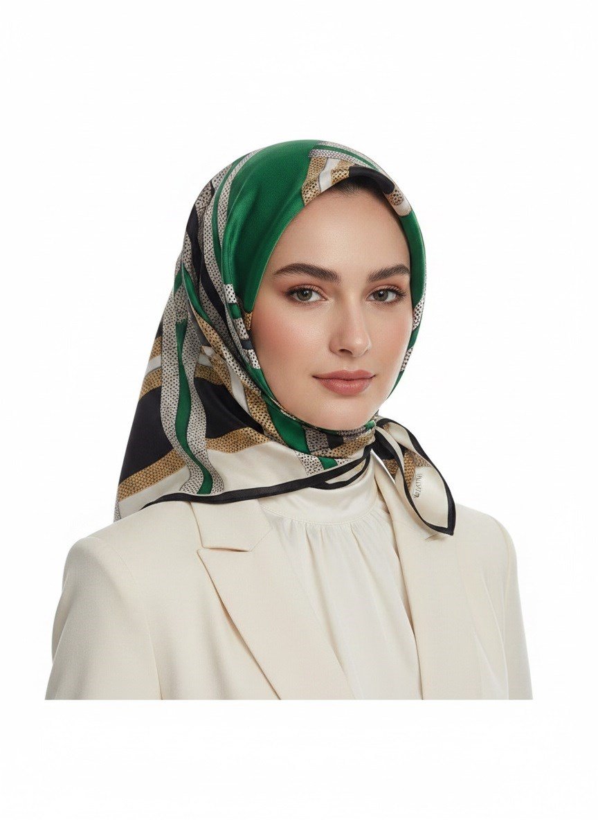%100 Twill İpek Geometrik Desenli Siyah - Zümrüt Yeşili Renkli 90x90 Eşarp Dikim Şekli : El Dikişi