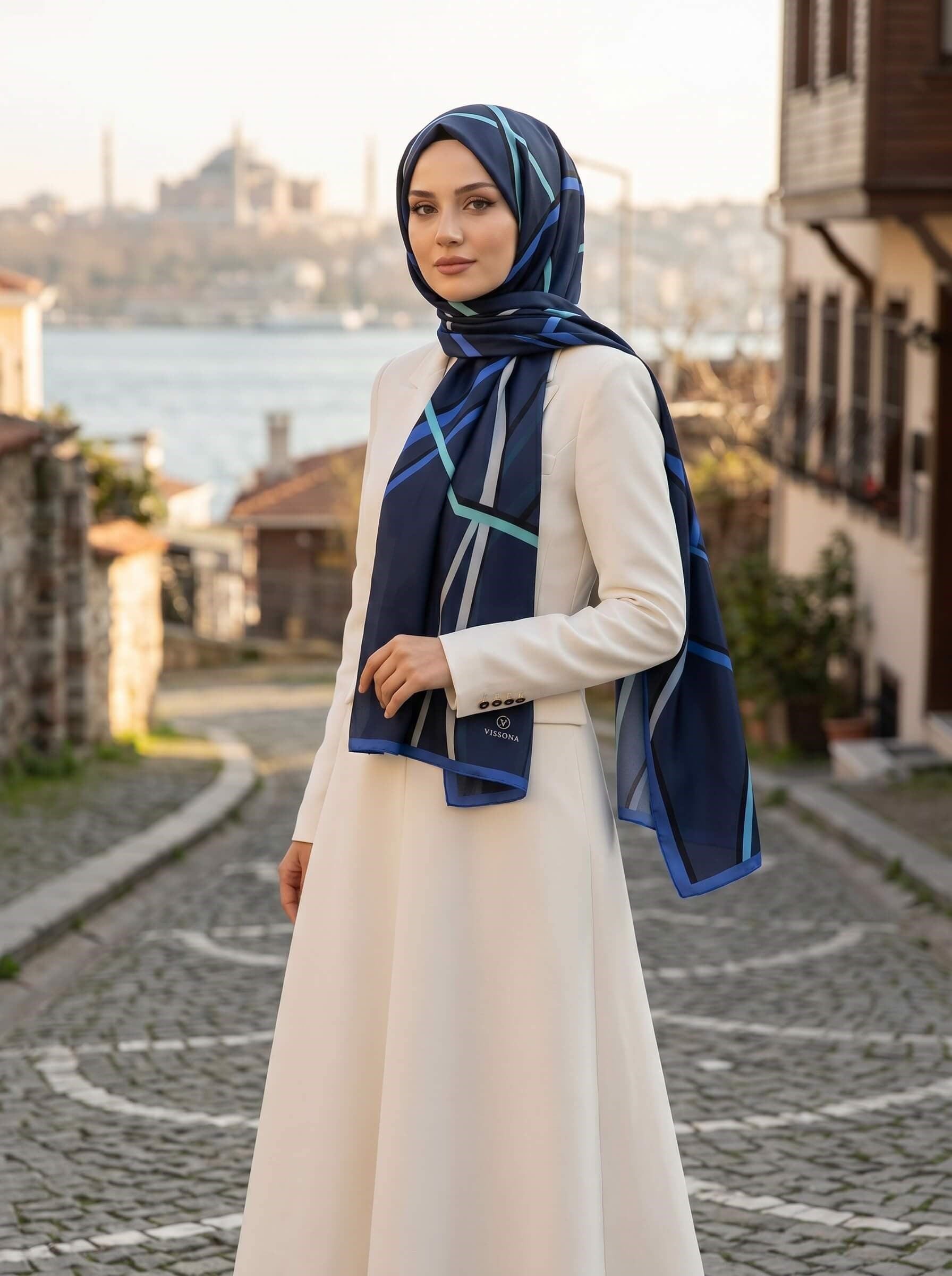 %100 Saf İpek Şal İnce Saten Vual Dokuma Çizgi Desenli Lacivert - Saks Renkli 90x210 Şal