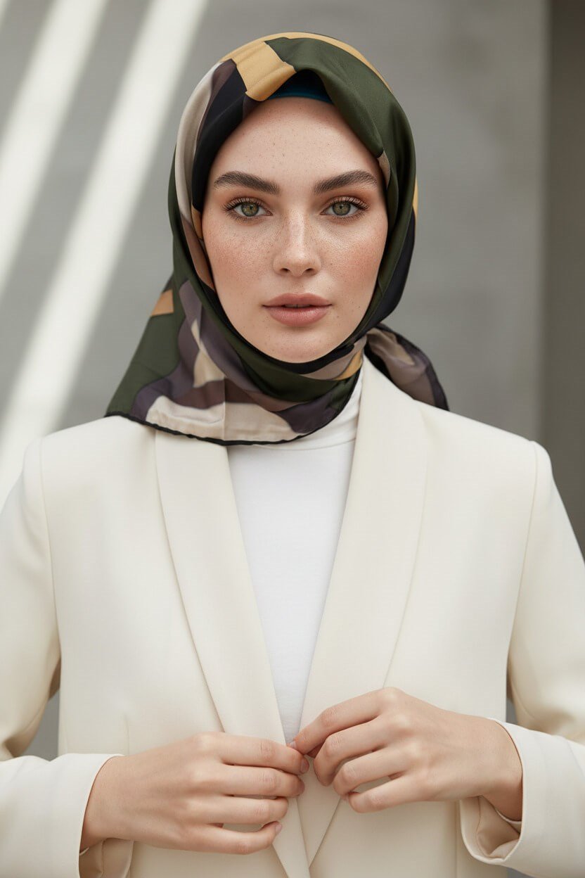%100 Twill İpek Dokulu Ve Geometrik Desenli Gold - Haki Renkli 90x90 Eşarp Dikim Şekli : El Dikişi