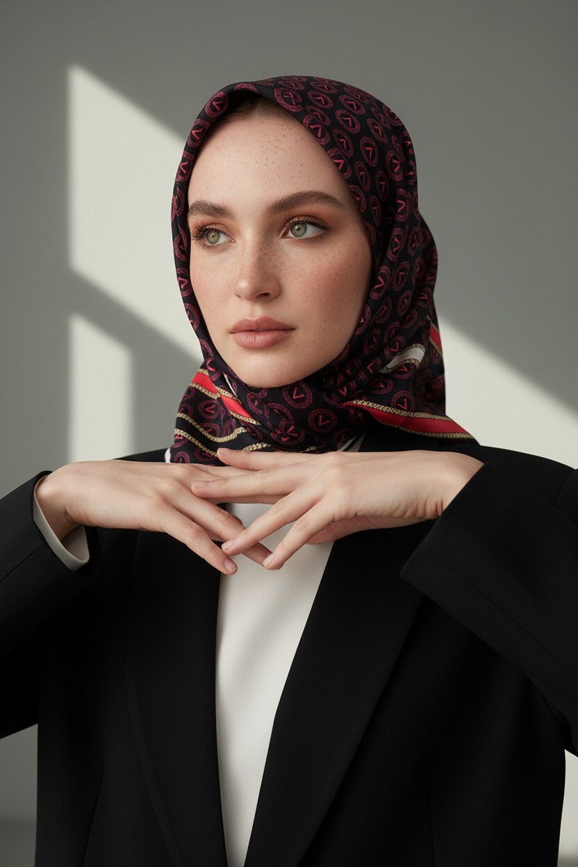 %100 Twill İpek Monogram Desenli Siyah - Bordo Renkli 90x90 Eşarp Dikim Şekli : El Dikişi