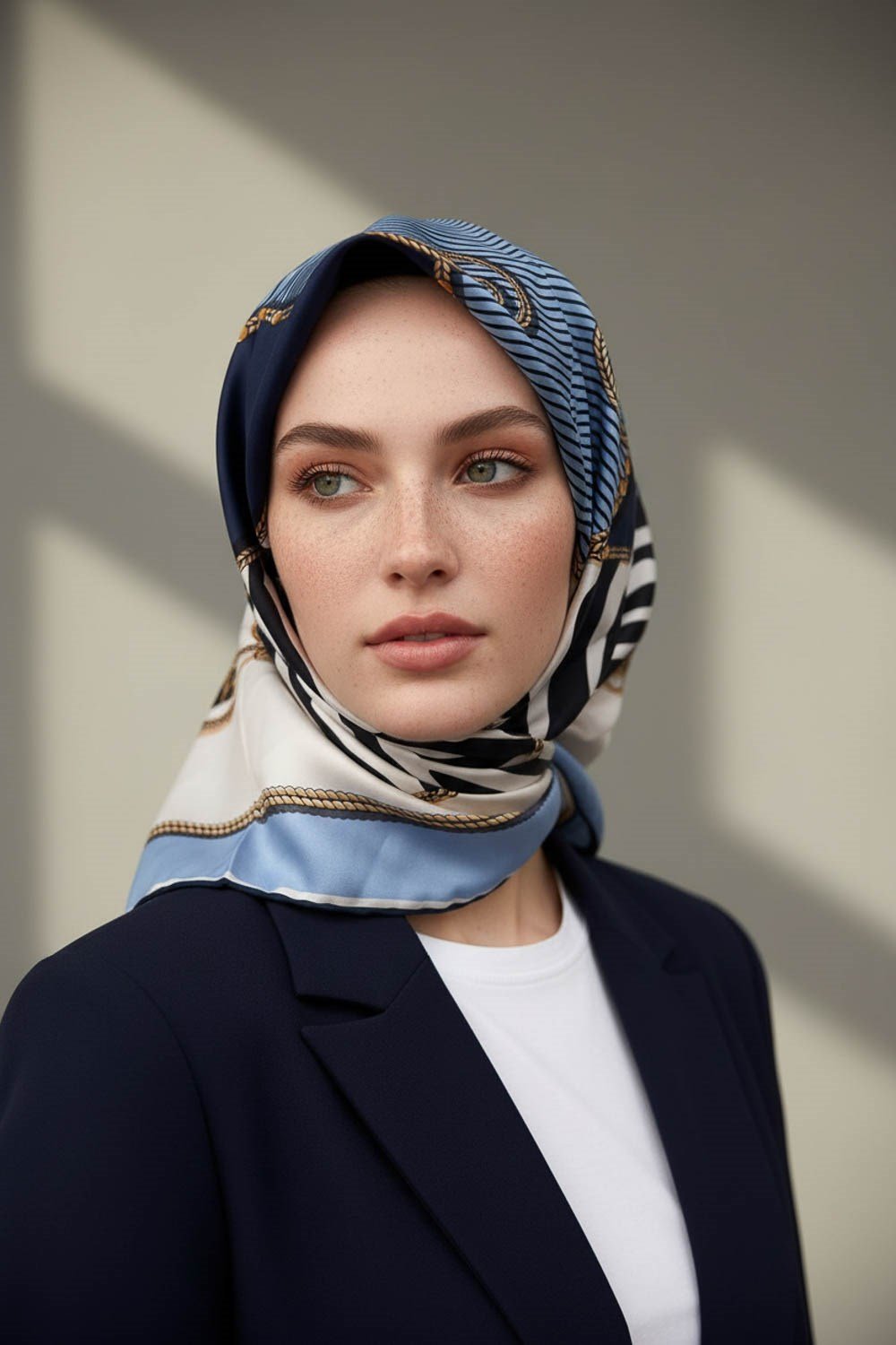 %100 Twill İpek Zincirli Ve Zebra Desenli Bebe Mavisi - Lacivert Renkli 90x90 Eşarp Dikim Şekli : El Dikişi