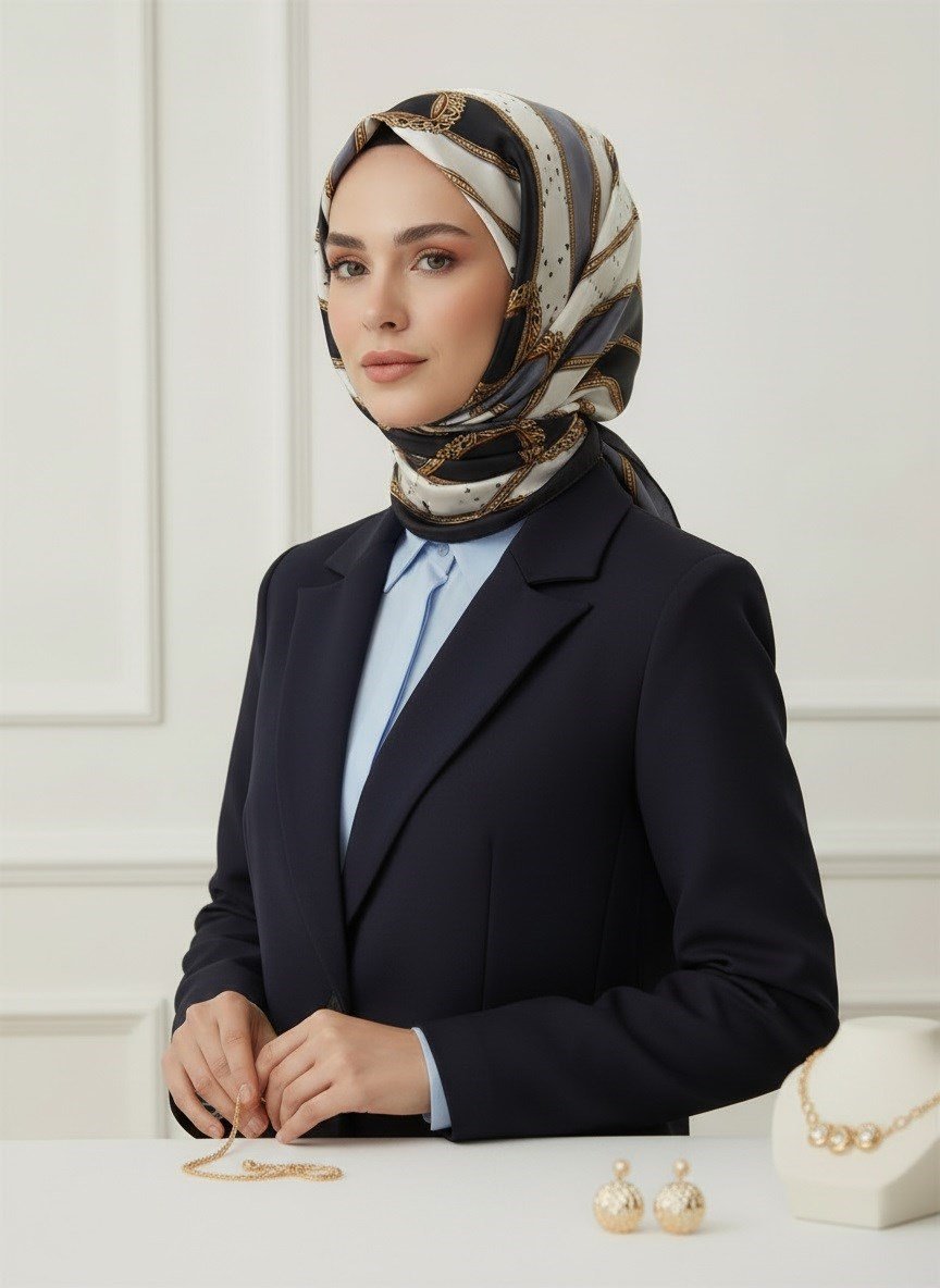 %100 Saf İpek Şal İnce Saten Vual Dokuma Kemer Desenli Gri - Siyah Renkli 90x210 Şal
