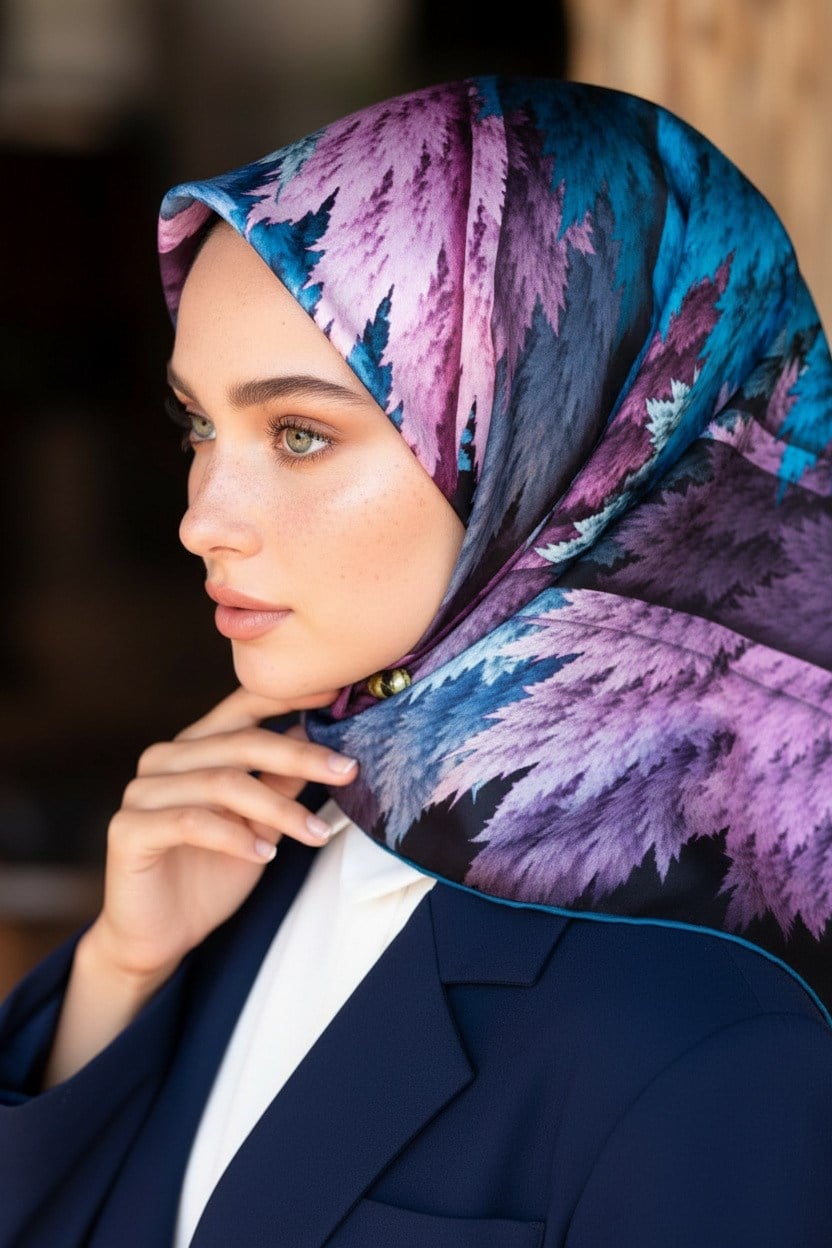 %100 Twill İpek Yaprak Desenli Lacivert - Petrol Mavisi Renkli 90x90 Eşarp Dikim Şekli : El Dikişi