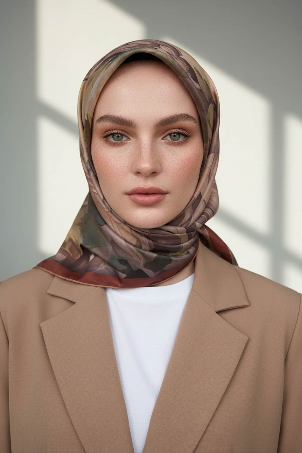 %100 Twill İpek Dumanlı Çiçek Desenli Taba Renkli 90x90 Eşarp Kenar Dikiş Şekli El Dikişli