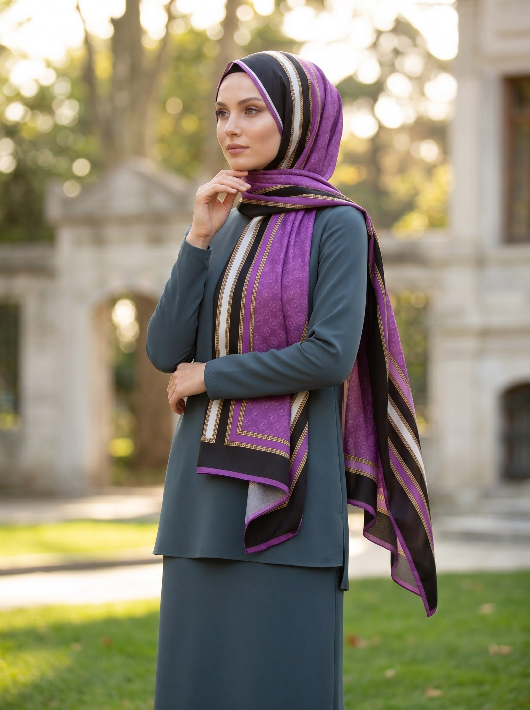 %100 Saf İpek Şal İnce Saten Vual Dokuma Monogram Ve Şerit Desenli 90x210 Şal