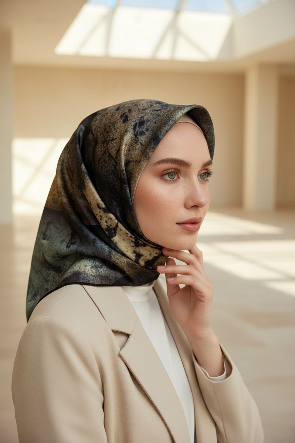 %100 Twill İpek Dokulu Ve Geometrik Desenli Zümrüt Yeşili - Haki Renkli 90x90 Eşarp Dikim Şekli : El Dikişi