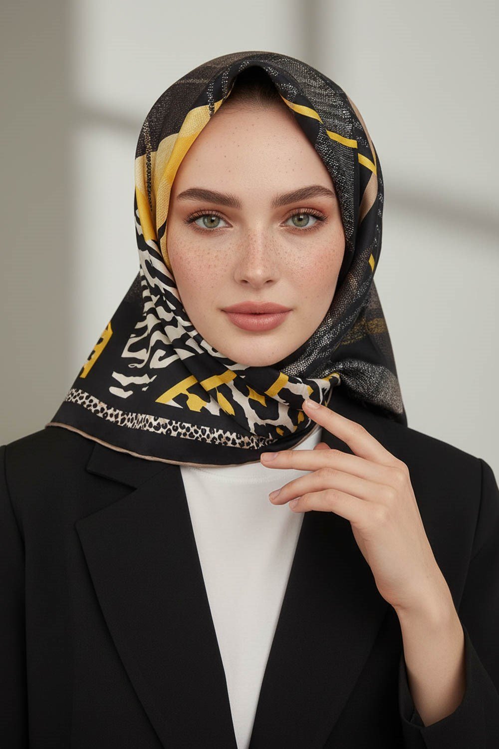 %100 Twill İpek Ekoseli Ve Leopar Desenli Siyah - Gold Renkli 90x90 Eşarp Dikim Şekli : El Dikişi