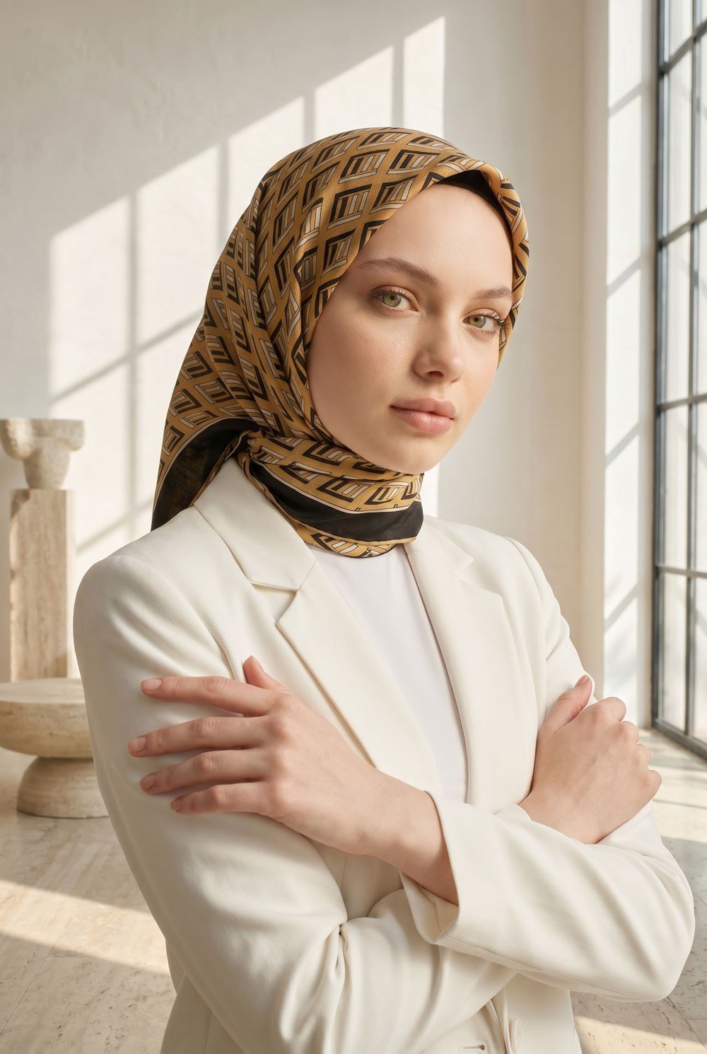 %100 Twill İpek Geometrik Desenli Gold- Siyah Renkli 90x90 Eşarp Dikim Şekli : El Dikişi