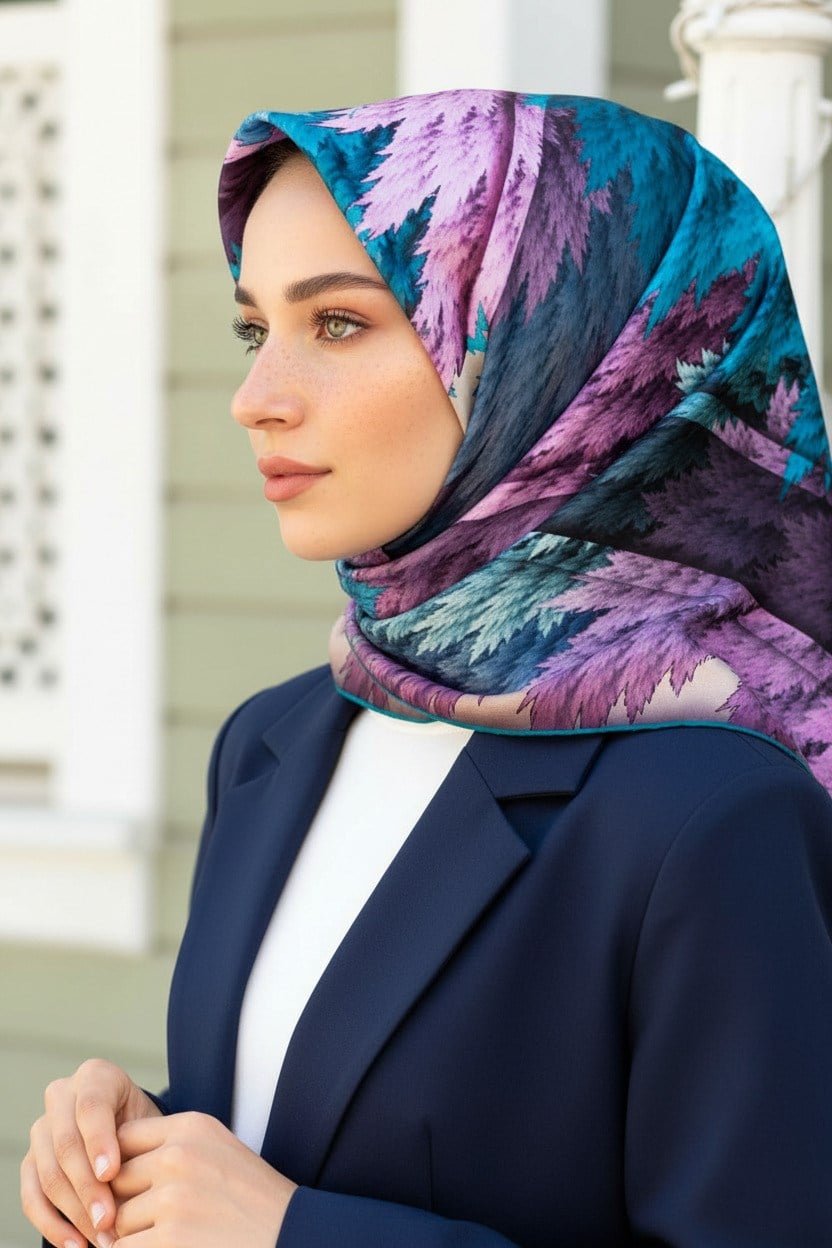 %100 Twill İpek Yaprak Desenli Krem - Turkuaz Renkli 90x90 Eşarp Dikim Şekli : El Dikişi