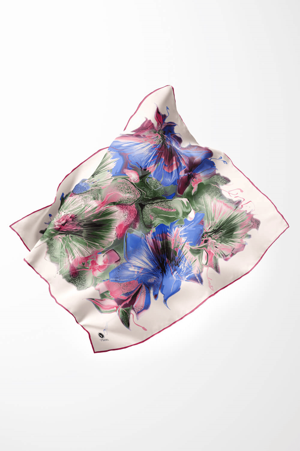 Twill Çiçek Desenli Pembe - Saks Renkli 90x90 Eşarp (İpek İçermez) Kenar Dikiş Şekli El Dikişli