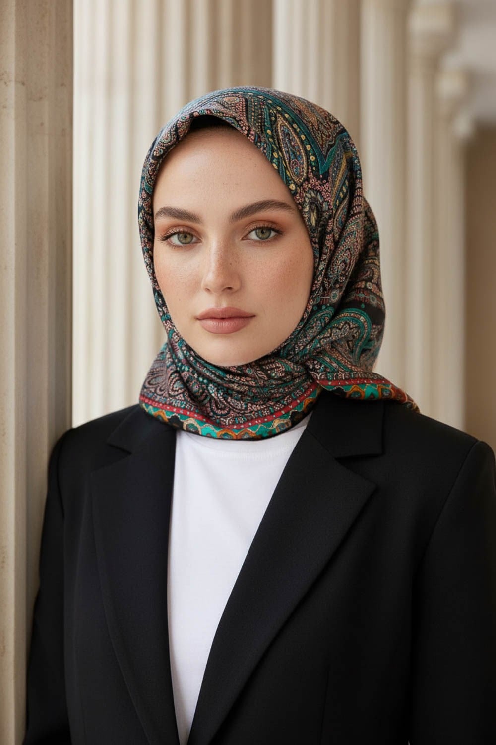 %100 Twill İpek Etro Desenli Siyah - Turkuaz Renkli 90x90 Eşarp Dikim Şekli : El Dikişi