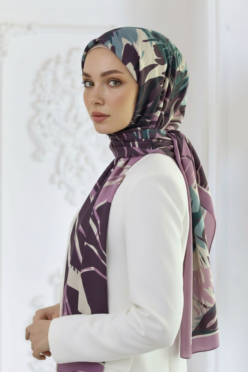 KREP GEOMETRİK DESENLİ LİLA RENKLİ 75X195 KIRIŞMAZ ŞAL