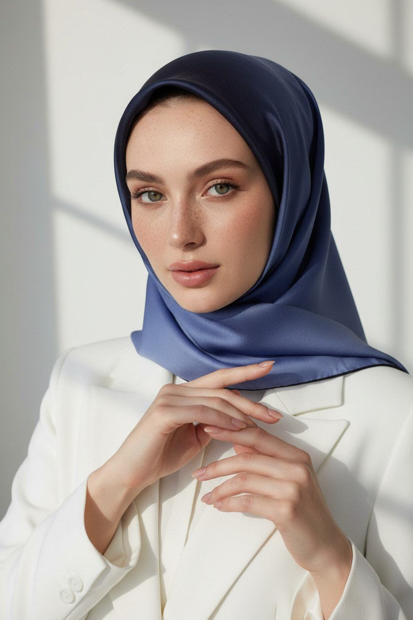 %100 Twill İpek Degrade Desenli Lacivert Renkli 90x90 Eşarp Dikim Şekli : El Dikişi